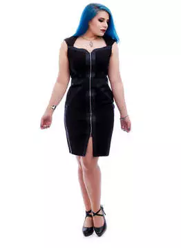 Front view of Luna Body Con Dress in black, fitted silhouette with short sleeves