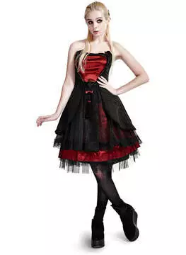 Front view of Lydia Gothic Dress with red and black striped bodice, layered black skirt, and lace details