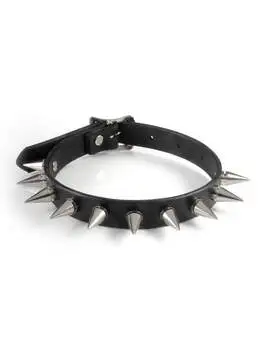 Black leather choker with metal spikes and buckle clasp on a white background