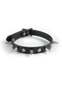Black leather choker with silver cone studs and buckle closure
