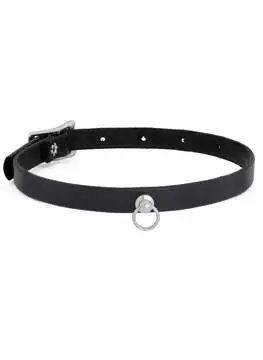 Close-up of Leather Mini O-Ring Choker in black vegan leather with silver O-ring detail