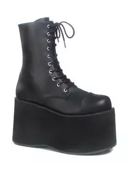 Front view of MONSTER-10 black platform boots with lace-up front and chunky sole
