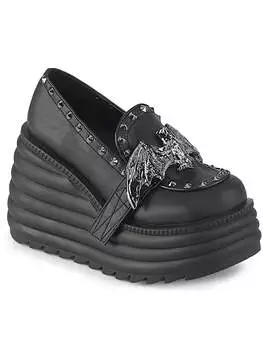 Front view of Demonia MORTE-56 women's platform loafer in black vegan leather with silver hardware and chain detail