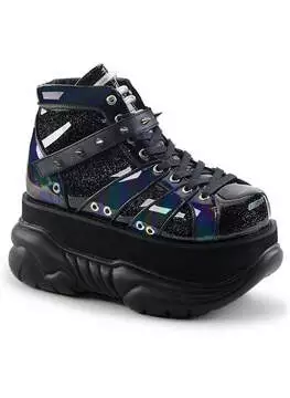 Side view of NEPTUNE-100 black glitter platform shoes with chunky sole and high-top design