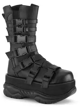 Front view of NEPTUNE-210 men's platform boots in black with side buckle straps and chunky sole