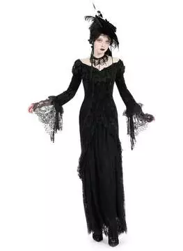 Full-length view of Nocturne Veil Victorian Gothic long dress in black with lace details and bell sleeves