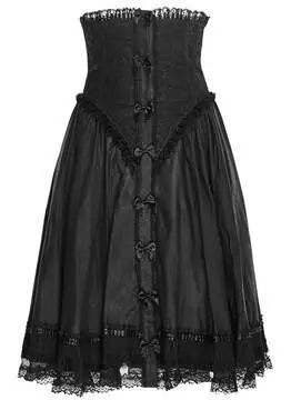 Front view of Petti-Cloak Convertible Petticoat - Cloak in black with lace details and button closure