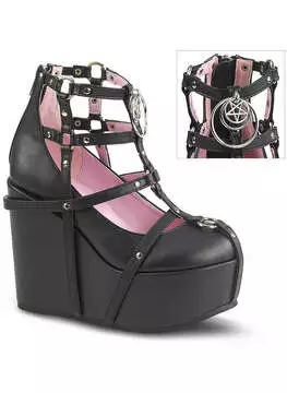Front view of POISON-25-1 wedge platform bootie in black with pink accents, multiple straps and silver buckles