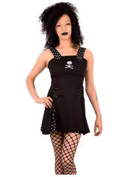 Front view of Polker Skull Mini Dress in black with studded straps and skull embellishments