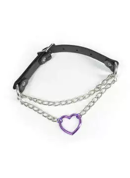 Close-up of Purple Heart and Chain Pull Leather Choker with purple heart pendant and silver chain details