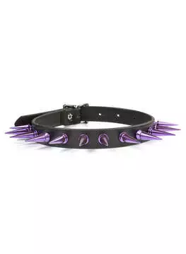 Close-up of Rivithead purple spiked leather choker with black strap and silver buckle