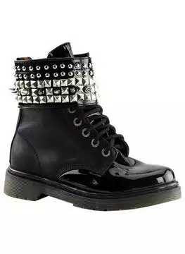 Side view of RIVAL-106 black pyramid boots with lace-up front, chunky sole, and studded ankle collar