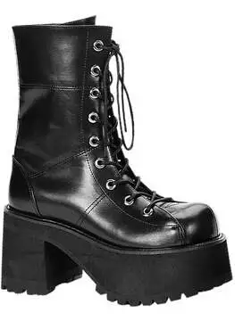 Front view of RANGER-301 black platform boots with chunky sole, lace-up front and side zipper