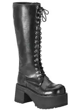 Front view of men's black knee-high boots with lace-up front, chunky heel and platform sole