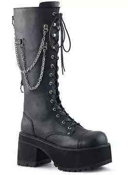 Front view of black platform boots with chains, lace-up front, chunky heel, and side zipper
