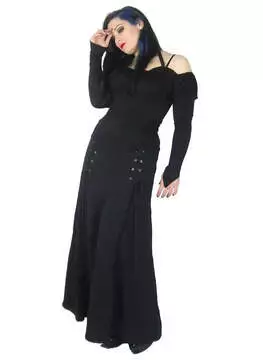 Full-length view of Ravana adjustable long skirt in black, with a fitted waist and flowing hem