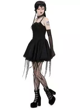 Front view of Ravena Lace Gothic Mini Dress in black with lace details, paired with fishnet stockings and platform boots