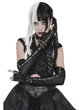 Black mesh gloves with black leather straps and silver buckles