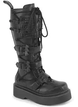 REBEL-200 black platform knee-high combat boots with lace-up eyelets and stacked heel