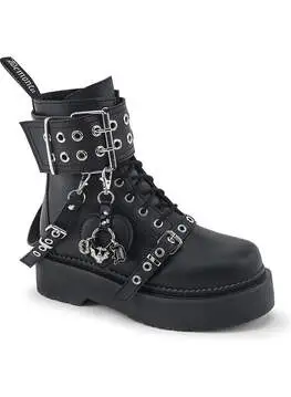 Black platform combat boots with heart charm on side, shown from back