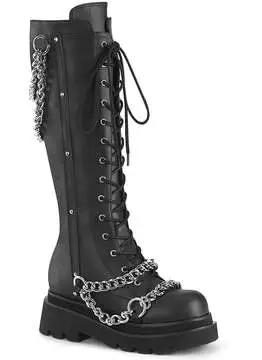 Side view of RENEGADE-215 lace-up knee-high boots in black with chain detail and chunky sole