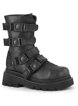 Front view of RENEGADE-55 quick release platform boots in black vegan leather with multiple straps and buckles
