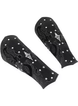 Close-up of Requiem Men's Gothic Arm Cuffs in black vegan leather with strap details and metal eyelets