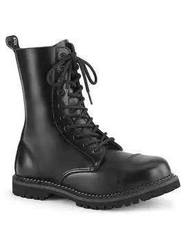 Black leather steel toe boots shown from the back, with lace-up and padded ankle collar