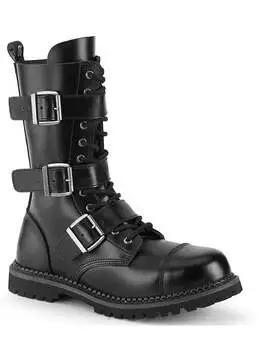 Front view of RIOT-12BK black leather combat boots with 12 eyelets, buckles, and chunky sole