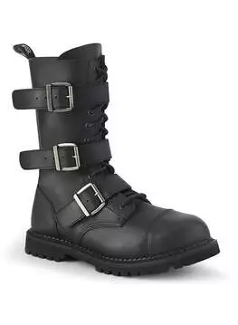 Side view of RIOT-12 vegan leather combat boot with three buckle straps and chunky sole