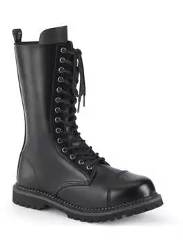 Front view of black leather RIOT-14 combat boots with 14 eyelets and lace-up closure