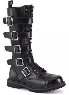 Front view of RIOT-18 leather steel toe combat boots with multiple buckle straps and lace-up design