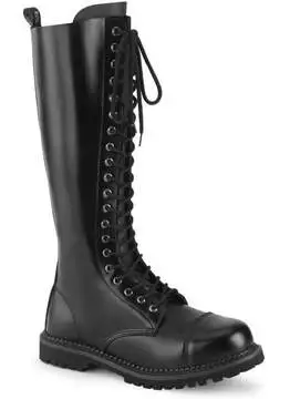 Front view of RIOT-20 20 Eyelet Leather Combat Boots in black with lace-up closure and chunky sole