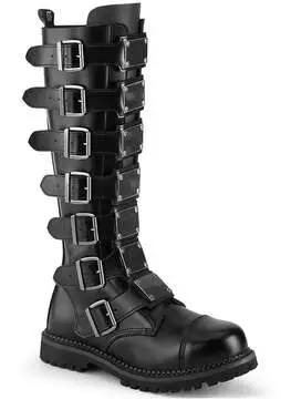 Front view of RIOT-21 leather combat boots with multiple buckle straps and chunky sole