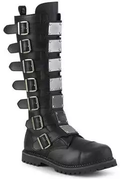 Front view of RIOT-21 vegan leather combat boots with buckle straps and chunky sole