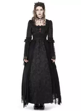 Full-length view of Shadow Empress long gothic dress with lace details, high neckline, and long sleeves