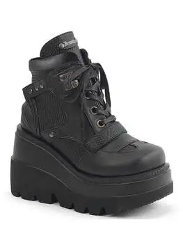 Black wedge platform ankle boot with back zipper, pull tab, and ribbed sole.