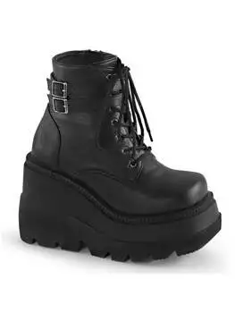 Side view of SHAKER-52 stacked wedge platforms in black with lace-up front and buckle details