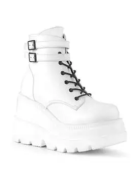 Side view of SHAKER-52 white platform boots with chunky sole, lace-up front, and buckle straps