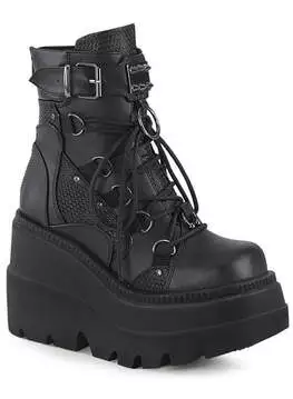 Front view of SHAKER-60 wedge boots in black vegan leather with lace-up front, chunky platform sole, and side zipper