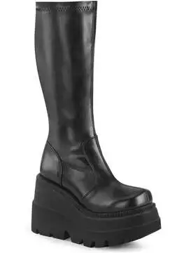 Front view of SHAKER-65 platform boots in black vegan leather with chunky sole and high shaft