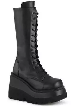 Side view of SHAKER-72 platform wedge boots in black vegan leather with lace-up front and chunky sole