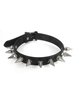 Black leather choker with silver hex spike studs on a white background