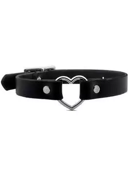 Close-up of Silver Heart Choker with black vegan leather band and silver heart-shaped buckle
