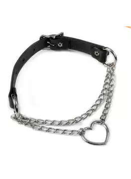 Close-up of Heart and Chain Leather Choker with silver chain and heart-shaped pendant