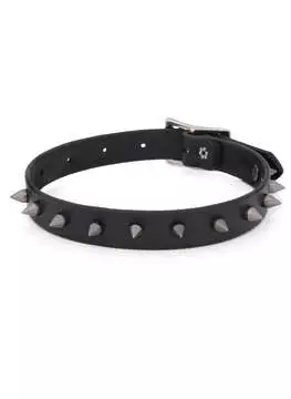 Close-up of mini gun-metal spike choker with evenly spaced cone spikes and adjustable buckle
