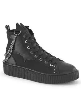 Side view of SNEEKER-230 high top sneakers in black vegan leather with silver chain detail and lace-up front
