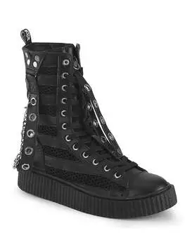 Side view of SNEEKER-325 fishnet creeper sneakers in black with lace-up front and chunky sole