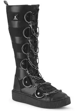 Front view of SNEEKER-405 chained sneaker boots in black vegan leather with silver chain details and lace-up front