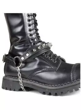 Close-up of Spike Boot Harness Strap on black combat boots with chain detail and lace-up front